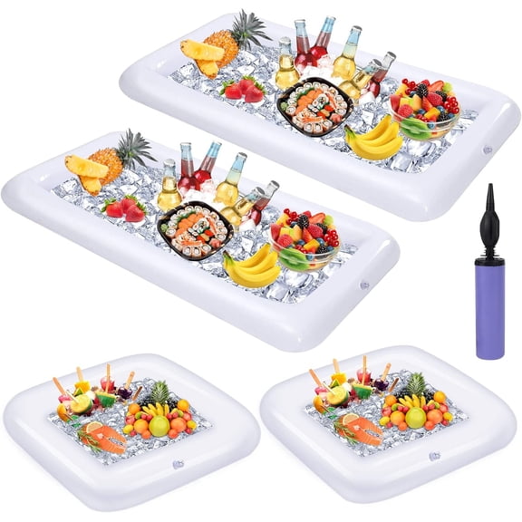 VBE 4 Pack Inflatable Ice Serving Bar Pool Party Buffet Drink Cooler Floating Ice Tray Food Drink Containers for Summer Parties with Inflatorce