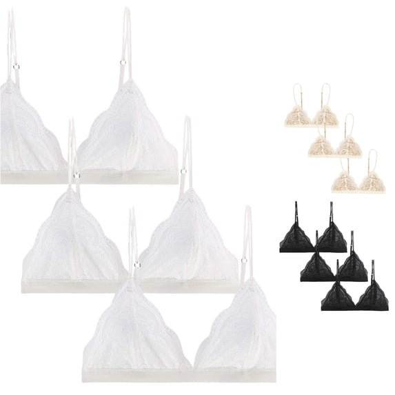 VBEWZET 3 Pack Women French Lace Bralette, Wireless Thin Triangle Cup Bra Set, Soft Push Up Bras for Small Bust Daily Wear White M