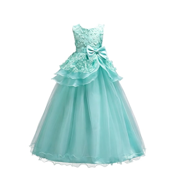 VBEWZET 3D Floral Sleeveless Flower Girl Dresses for Wedding, Big Bow Ruffle Tulle Long Maxi Gown Kids Piano Pageant Formal Dress Green 5-6 Years