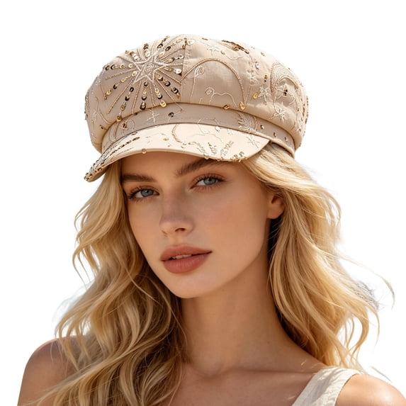 VBEWZET Fashion Embroidered Sequined Hat for Ladies, Breathable Mesh Newsboy Cap, Lightweight Casual Outdoor Vacation Club Styling Beret Headwear Beige One Size