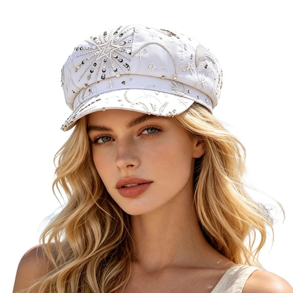VBEWZET Fashion Embroidered Sequined Hat for Ladies, Breathable Mesh Newsboy Cap, Lightweight Casual Outdoor Vacation Club Styling Beret Headwear White One Size