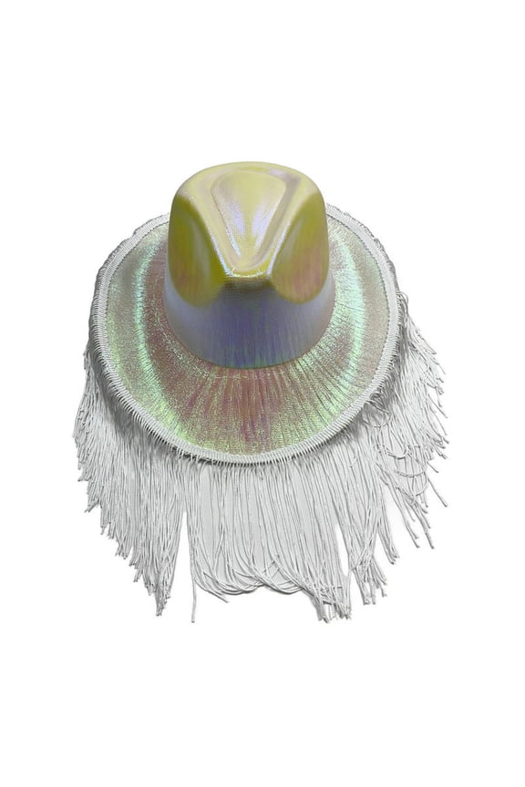 Fringed Cowgirl Hat, Glitter Wide Brim Western Cap, Multicolor Party Headwear White One Size