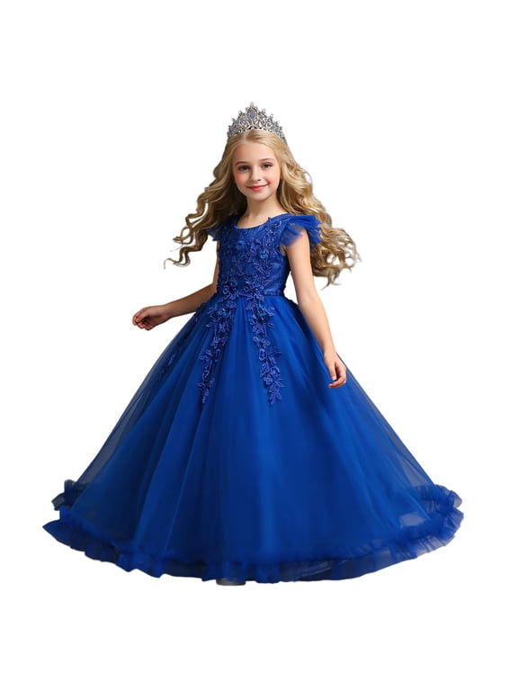 Girls 3D Floral Lace Tulle Floor Length Princess Dress, Cap Sleeve Long Formal Gown for 6-16 Years Piano Recital Wedding Flower Girl Birthday Pageant Blue 9-10 Years