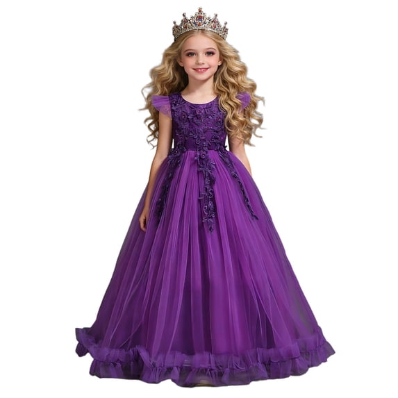VBEWZET Girls 3D Floral Lace Tulle Floor Length Princess Dress, Cap Sleeve Long Formal Gown for 6-16 Years Piano Recital Wedding Flower Girl Birthday Pageant Purple 6-7 Years