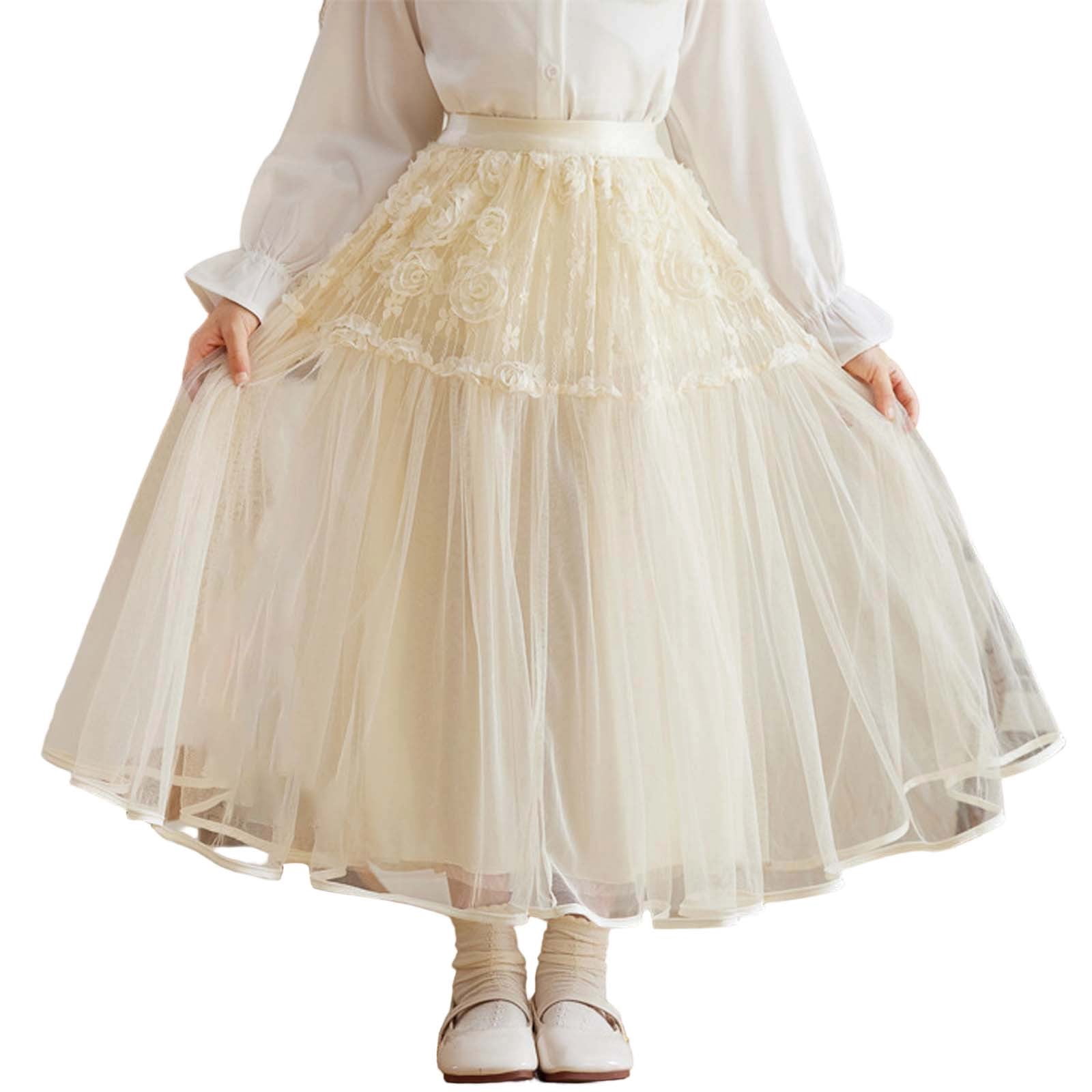 VBEWZET Girls 3D Floral Lace Tulle Midi Skirt, Elastic Waist A