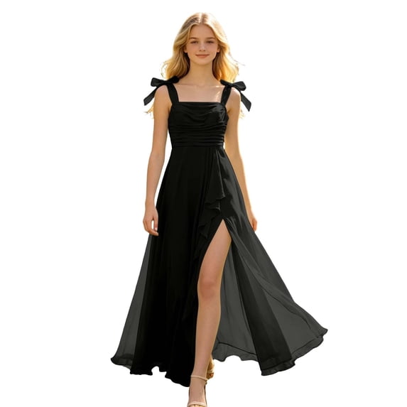 VBEWZET Girls Bow Spaghetti Strap Chiffon Maxi Dress, Square Neck Ruched High Slit Ruffle Long Bridesmaid Gown for 6-14 Years Wedding Beach Holiday Party Black 9-10 Years