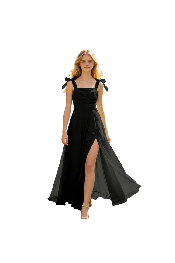 Girls Bow Spaghetti Strap Chiffon Maxi Dress, Square Neck Ruched High Slit Ruffle Long Bridesmaid Gown for 6-14 Years Wedding Beach Holiday Party Black 9-10 Years