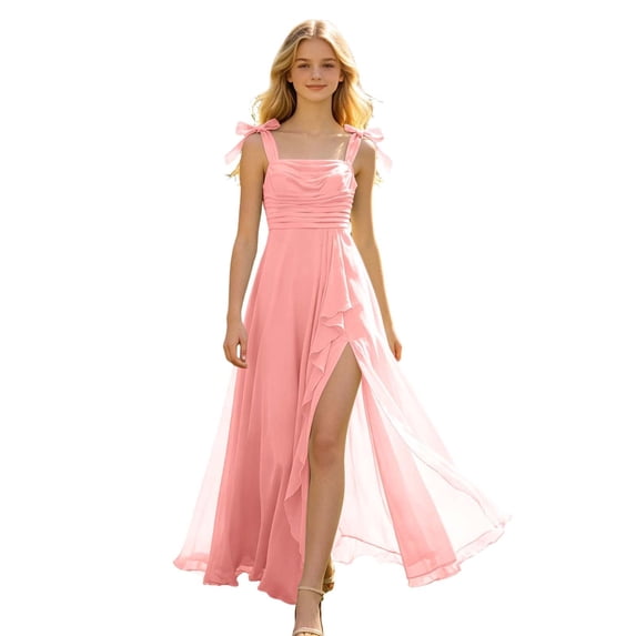 VBEWZET Girls Bow Spaghetti Strap Chiffon Maxi Dress, Square Neck Ruched High Slit Ruffle Long Bridesmaid Gown for 6-14 Years Wedding Beach Holiday Party Pink 9-10 Years