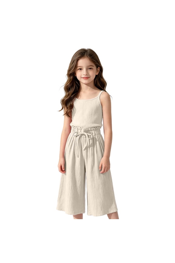 Girls Cotton Linen Wide Leg Shorts , Elastic Waist Culottes, Casual 2-Piece Outfit for Kids Summer White 2-3 Years