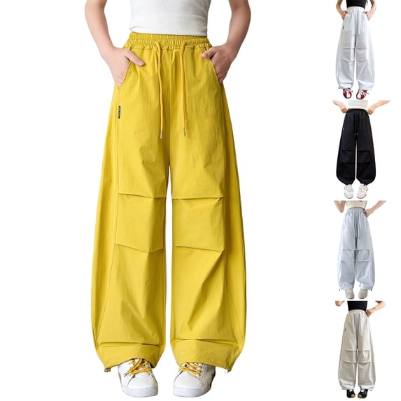 VBEWZET Girls Curved Pleated Parachute Trousers, Elastic Waist Baggy Cargo Joggers, Lightweight Casual Streetwear Pants for Kids & 5-16 Years Blue 13-14 Years