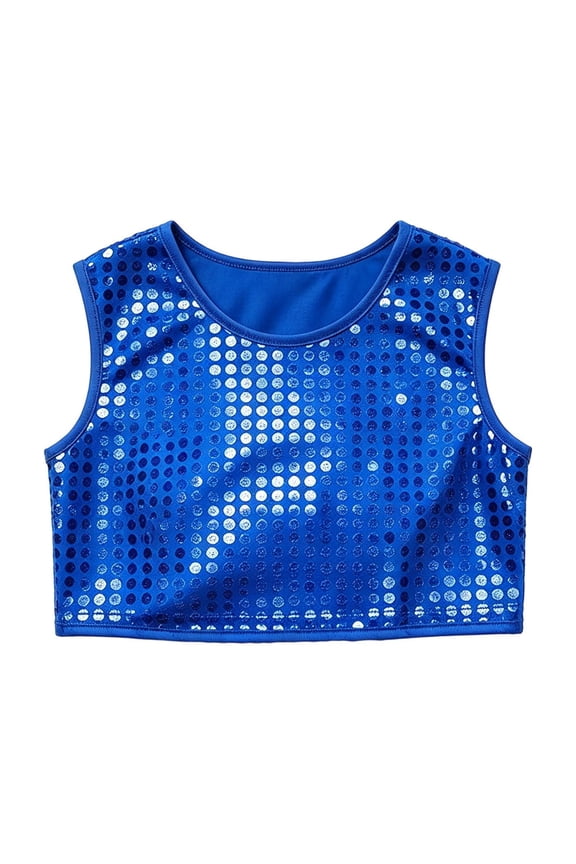 Girls Glitter Dot Sequin Crop Top, Shiny Sleeveless Short Vest Stage Show Performance Tank Top Blue 150/160
