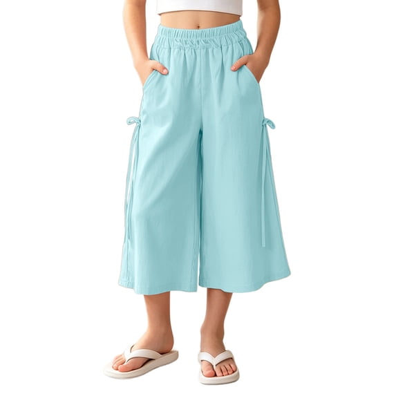 VBEWZET Girls Ice Silk Wide Leg Culottes, Elastic Waist Flowy Capri Pants Elastic Waist Casual Summer Trousers for Kids & 5-15 Years Green 10-11 Years