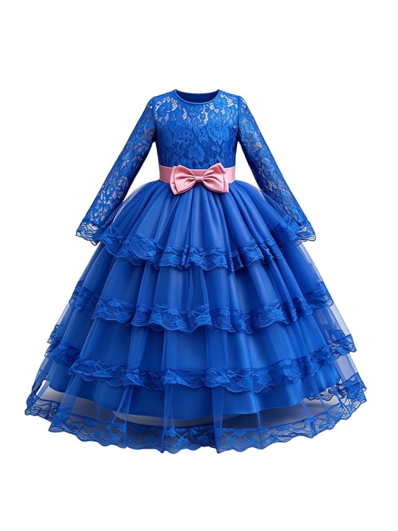 Girls Long Sleeve Lace Tiered Tulle Gown, Big Bow Waist Floor Length Princess Dress for Wedding Flower Girl Birthday Party Pageant Piano Recital Blue 9-10 Years