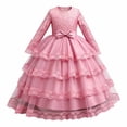 thumbnail image 1 of VBEWZET Girls Long Sleeve Lace Tiered Tulle Gown, Big Bow Waist Floor Length Princess Dress for Wedding Flower Girl Birthday Party Pageant Piano Recital Red 5-6 Years, 1 of 9