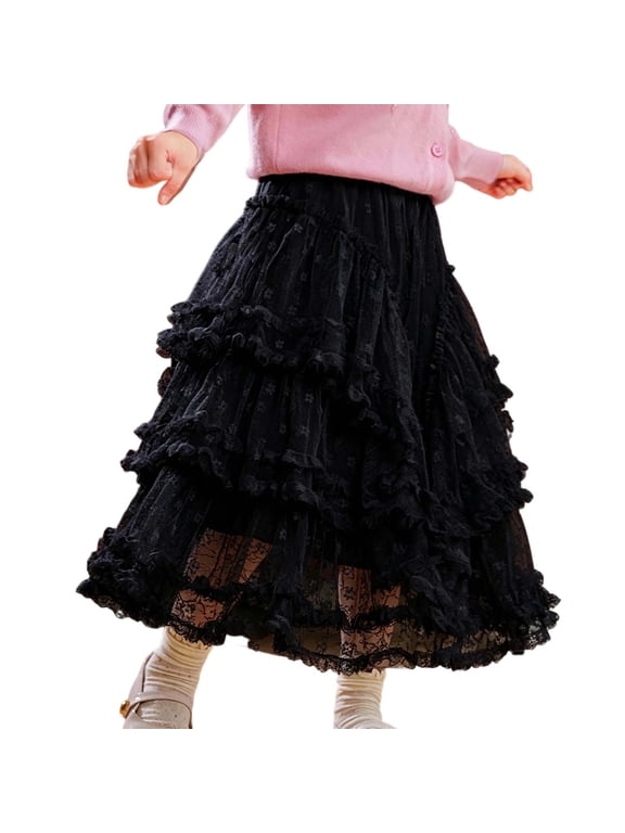 Girls Polka Dot Mesh Tiered Tulle Midi Skirt, Ruffle Layered Cake Tutu Long Skirt, Korean Elastic Waist Maxi Skirt for Girls Spring Autumn Black 6-7 Years