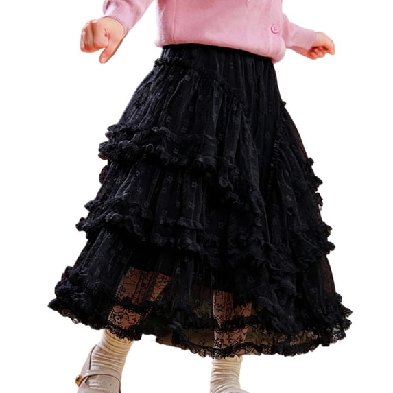 VBEWZET Girls Polka Dot Mesh Tiered Tulle Midi Skirt, Ruffle Layered Cake Tutu Long Skirt, Korean Elastic Waist Maxi Skirt for Girls Spring Autumn Black 8-9 Years