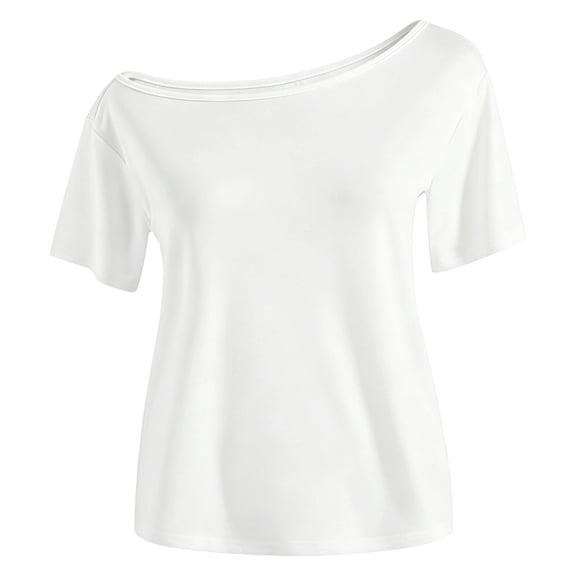 VBEWZET Girls Solid Off Shoulder Short Sleeve T-Shirt, Slant Shoulder Casual Basic Tee Top for Kids 7-12 Years Old Summer Daily Blouse White 9-10 Years