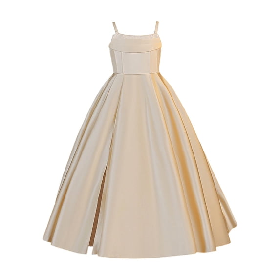 VBEWZET Girls Square Neck Spaghetti Strap Satin Maxi Dress, High Slit A-Line Floor Length Formal Gown for 8-12 Years Wedding Bridesmaid Piano Recital Birthday Party Beige 9-10 Years