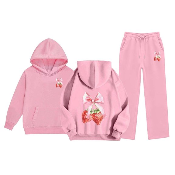 VBEWZET Girls Winter Outfits Girls Solid Warm Hoodie Pullover Long Sleeve Top with Pants Casual Everyday Outfit A-Pink 9-10 Years