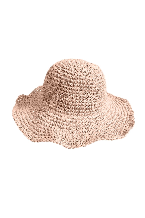 Handmade Wavy Brim Woven Straw Cap, Packable Breathable Protection Vacation Hat Red One Size