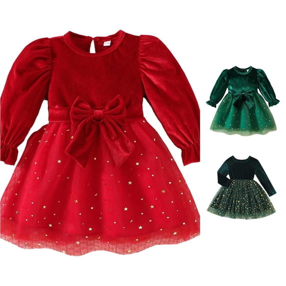 VBEWZET Infant Christmas Holiday Velvet Princess Dress Long Sleeve Star Mesh Tulle Green 3 24M Red-B 12-18 Months