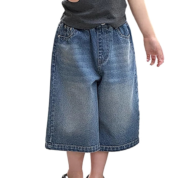 VBEWZET Kids Elastic Waist Vintage Denim Culottes, Washed Distressed Wide Leg Jean Shorts, Casual Summer Pants for Boys & Girls Blue 11-12 Years