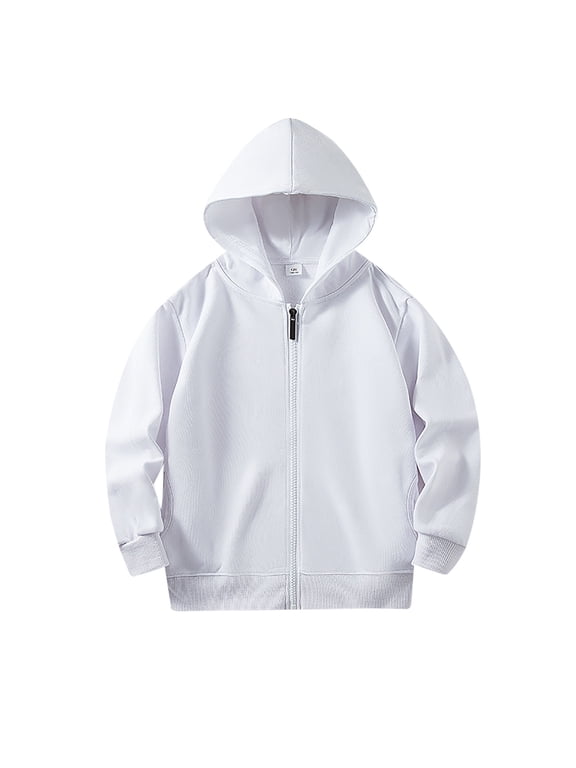 Kids Solid Full Zip Up Hooded Sweatshirt, Plain Blank Long Sleeve Hoodie Jacket With Side Pockets, Casual Basic Outerwear for Boys Girls White 18-24 months