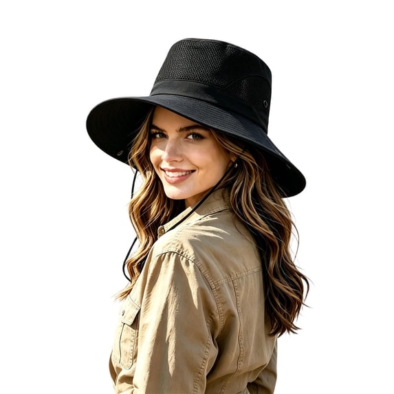 VBEWZET Mesh Wide Brim Bucket Sun Hat, UPF50+ Windproof Chin Strap Outdoor Fishing Hat for Women Men Black One Size