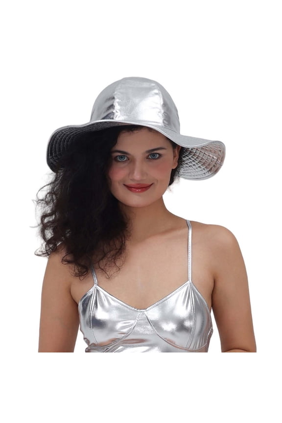 Metallic Shiny Bucket Hat, Reversible Wide Brim Leather Fisherman Cap Silver one size