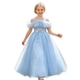 thumbnail image 1 of VBEWZET Off Shoulder Tulle Flower Girl Dresses for Wedding, Long Sparkly Waist Maxi Gown Kids Piano Birthday Party Formal Dress Blue 120(4-5Y), 1 of 9