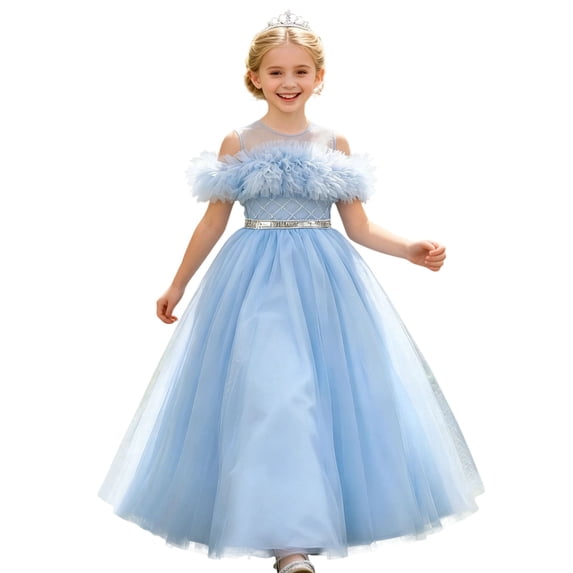VBEWZET Off Shoulder Tulle Flower Girl Dresses for Wedding, Long Sparkly Waist Maxi Gown Kids Piano Birthday Party Formal Dress Blue 120(4-5Y)