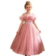 thumbnail image 1 of VBEWZET Off Shoulder Tulle Flower Girl Dresses for Wedding, Long Sparkly Waist Maxi Gown Kids Piano Birthday Party Formal Dress Red 130(5-6Y), 1 of 6