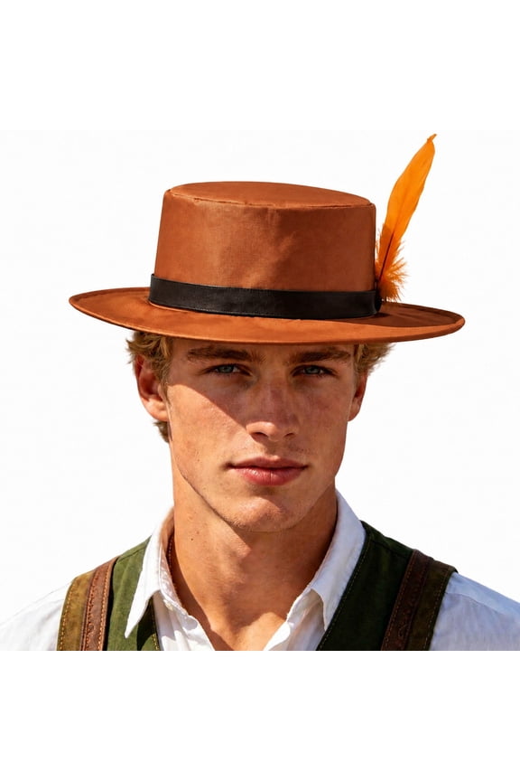 Oktoberfest Bavarian Flat Top Hat , Wide Brim Irish Hat, Unisex German Festival Stage Party Cosplay Fedora Hat Orange F