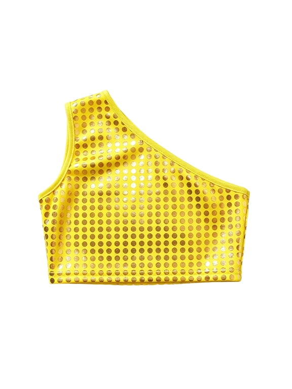 One Shoulder Dot Sequin Crop Top, Shiny Glitter Sleeveless Cutoff Tank Top Sparkly Dance Top for Girls Yellow 110/120