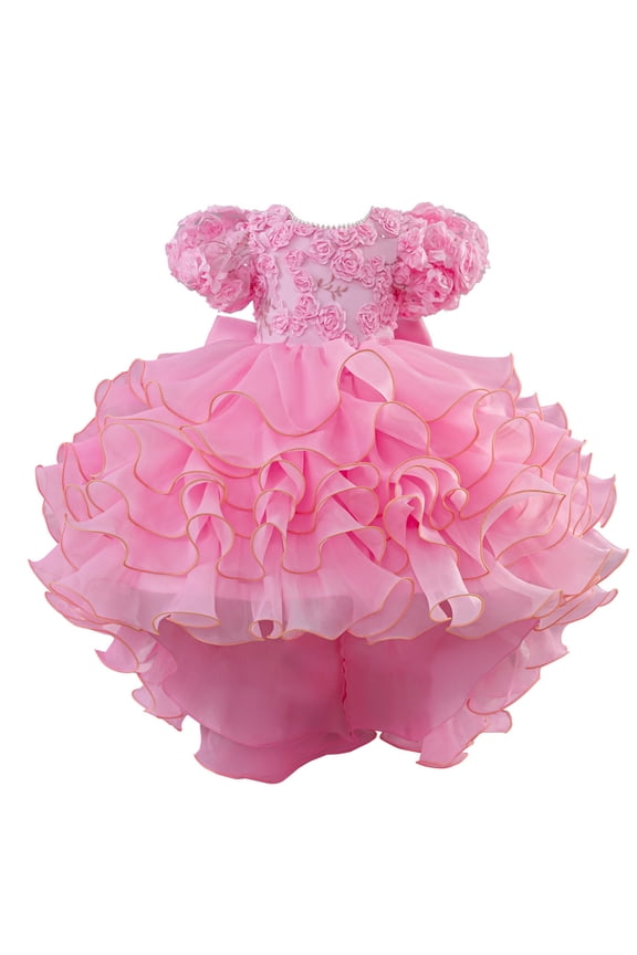 Puff Sleeve 3D Floral Applique Flower Girl Dresses for Wedding, Gold Edge Ruffle Hi-Lo Tulle Cake Gown Kids Birthday Pageant Formal Dress Red 7-8 Years