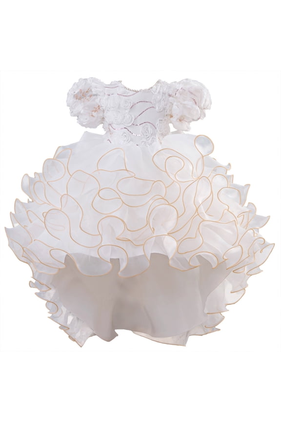Puff Sleeve 3D Floral Applique Flower Girl Dresses for Wedding, Gold Edge Ruffle Hi-Lo Tulle Cake Gown Kids Birthday Pageant Formal Dress White 9-10 Years