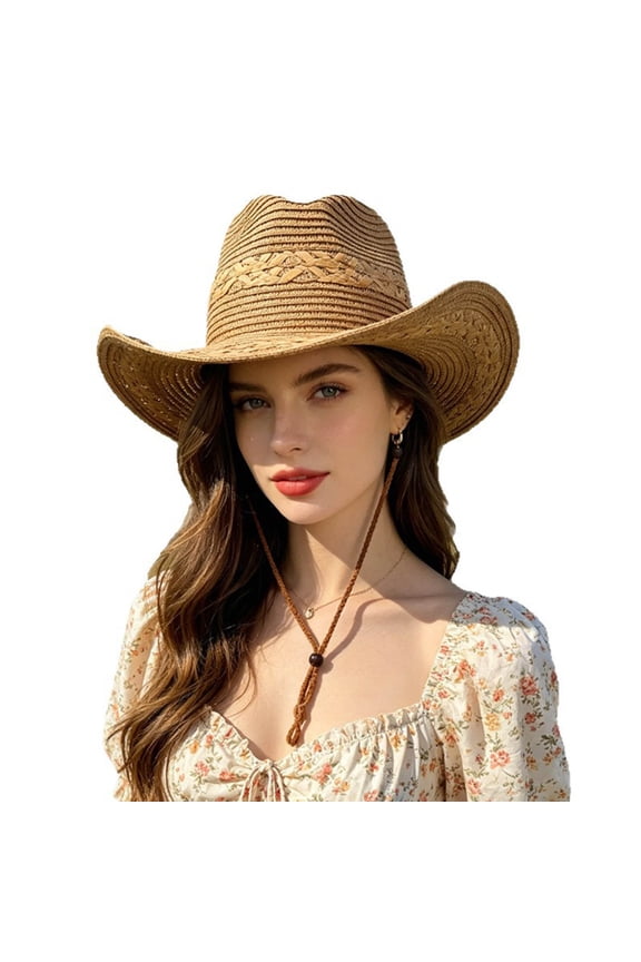 Shapeable Brim Woven Cowboy Cap, Band Decor Packable Protection Beach Hat for Riding, Fishing, Camping & Vacation