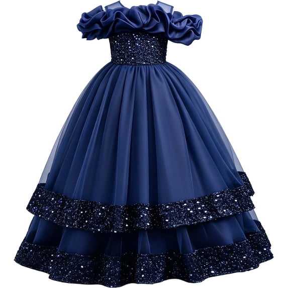 VBEWZET Off Shoulder Ruffle Sequin Flower Girl Dresses for Wedding, Long Tiered Gown Birthday Dress for Girls Elegant Girls Summer Pageant Dress Navy 9-10 Years