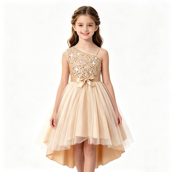 VBEWZET Single Shoulder Sequin Hi-Lo Tulle Girls Dress, Champagne Satin Bow Waist Princess Outfit for Wedding Flower Girl Birthday Celebration Beige 10 Years