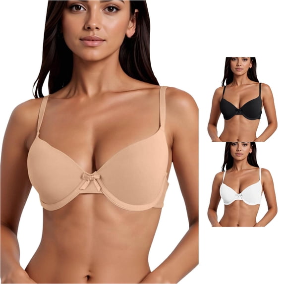 VBEWZET Soft Nylon Cup Bra for Women Classic Bow‑Decor Lift‑Up Anti‑Sag Daily Casual Undergarment Beige 85B