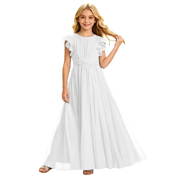 VBEWZET Solid Long Chiffon Formal Dresses for Girls 2-13T, Round Neck Flutter Ruffle Sleeve Empire Waist A-Line Floor Dress for Baptism Pageant Holiday Beach Wedding Guest White 4-5 Years