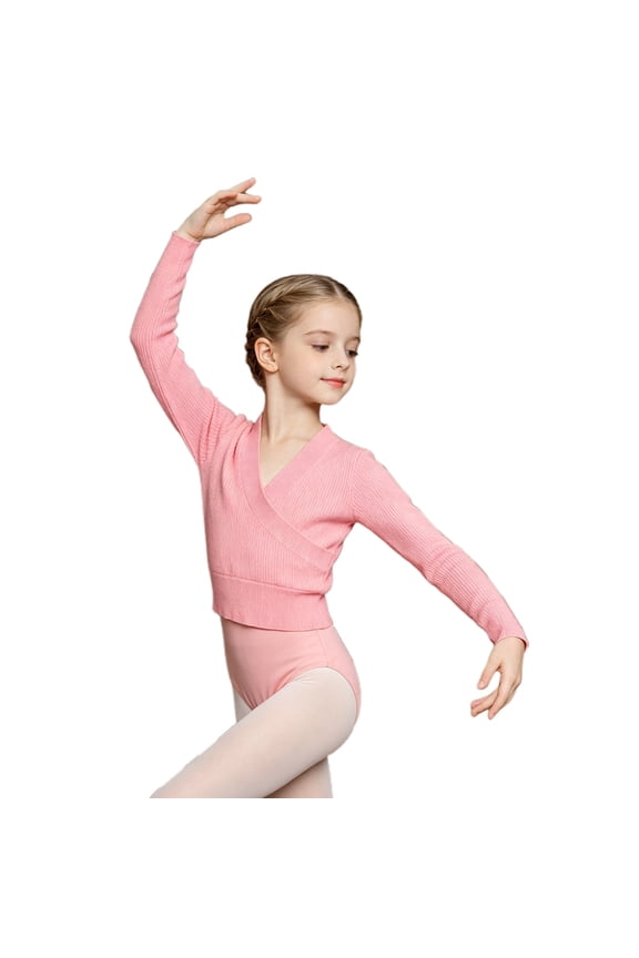 Solid Wrap V Neck Free-Tie Long Sleeve Knit Pullover Sweater, Soft Warm Ballet Training Warm Up Outwear for Girls Pink 5-7 Years