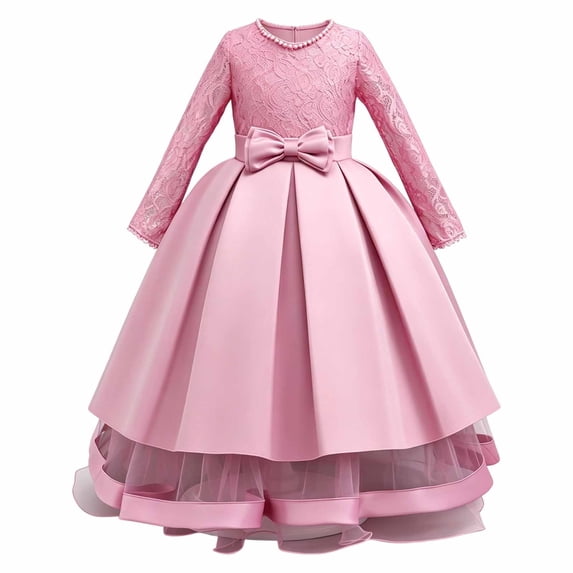 VBEWZET Toddler flower girl dress, long lace sleeve satin bow gown, kids formal flower girl dresses for wedding birthday party Pink 13-14 Years