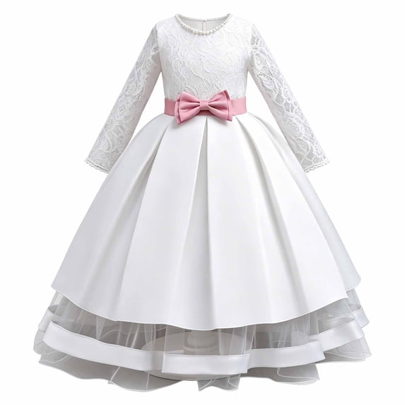 VBEWZET Toddler flower girl dress, long lace sleeve satin bow gown, kids formal flower girl dresses for wedding birthday party White 7-8 Years