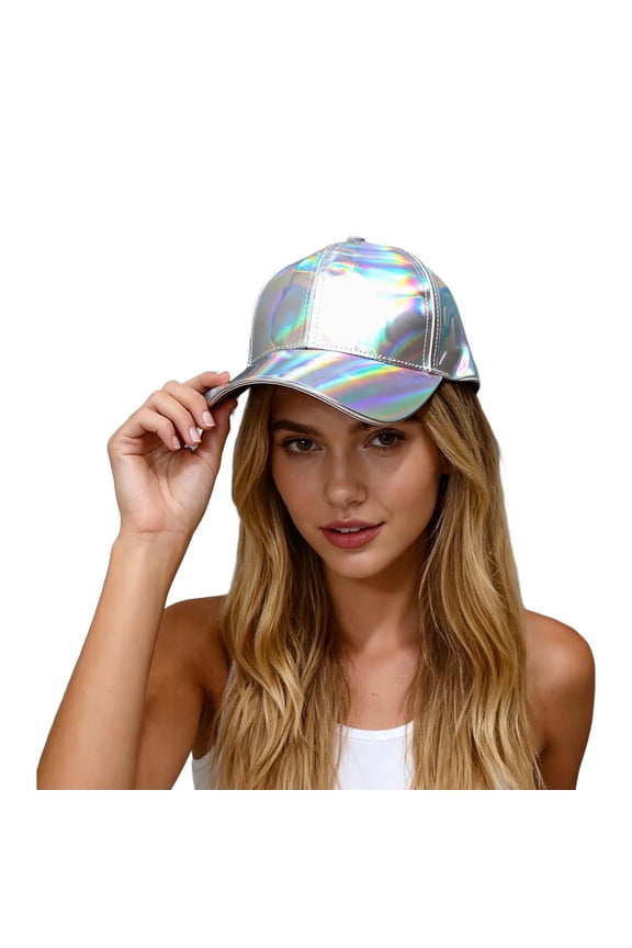 Unisex Baseball Cap, Shiny Leather Trucker Hat, Adjustable Sun Hat for Hop & Parties Silver