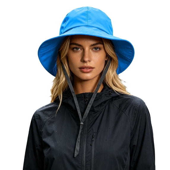VBEWZET Unisex Waterproof Wide Brim Bucket Rain Hat, Foldable Wind Lanyard Outdoor Sun Hat, Lightweight Packable Fishing Hiking Travel Protection Cap Blue One Size