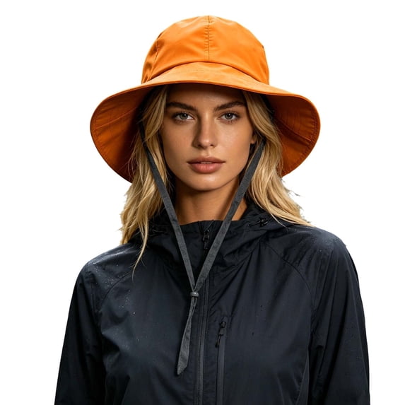 VBEWZET Unisex Waterproof Wide Brim Bucket Rain Hat, Foldable Wind Lanyard Outdoor Sun Hat, Lightweight Packable Fishing Hiking Travel Protection Cap Orange One Size