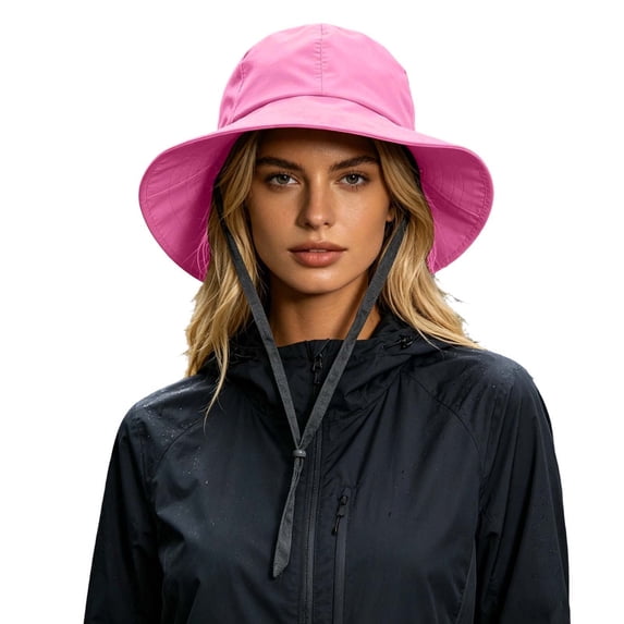 VBEWZET Unisex Waterproof Wide Brim Bucket Rain Hat, Foldable Wind Lanyard Outdoor Sun Hat, Lightweight Packable Fishing Hiking Travel Protection Cap Red One Size