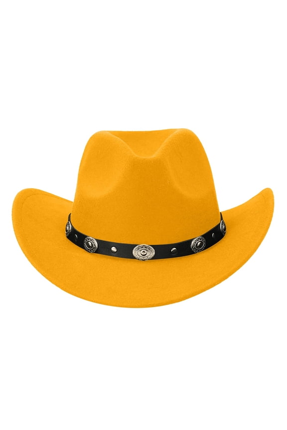 Western Style Cowboy Hat for Men & Women, Wool Wide Brim Hat with Studded Band, Ideal for Daily Wear Yellow