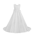 thumbnail image 1 of VBEWZET White Lace Beaded Long Train Formal Dresses for Little Girls, Satin Maxi Dress with Side Bows for Birthday Party Holiday Stage Show White 12-13 Years, 1 of 9